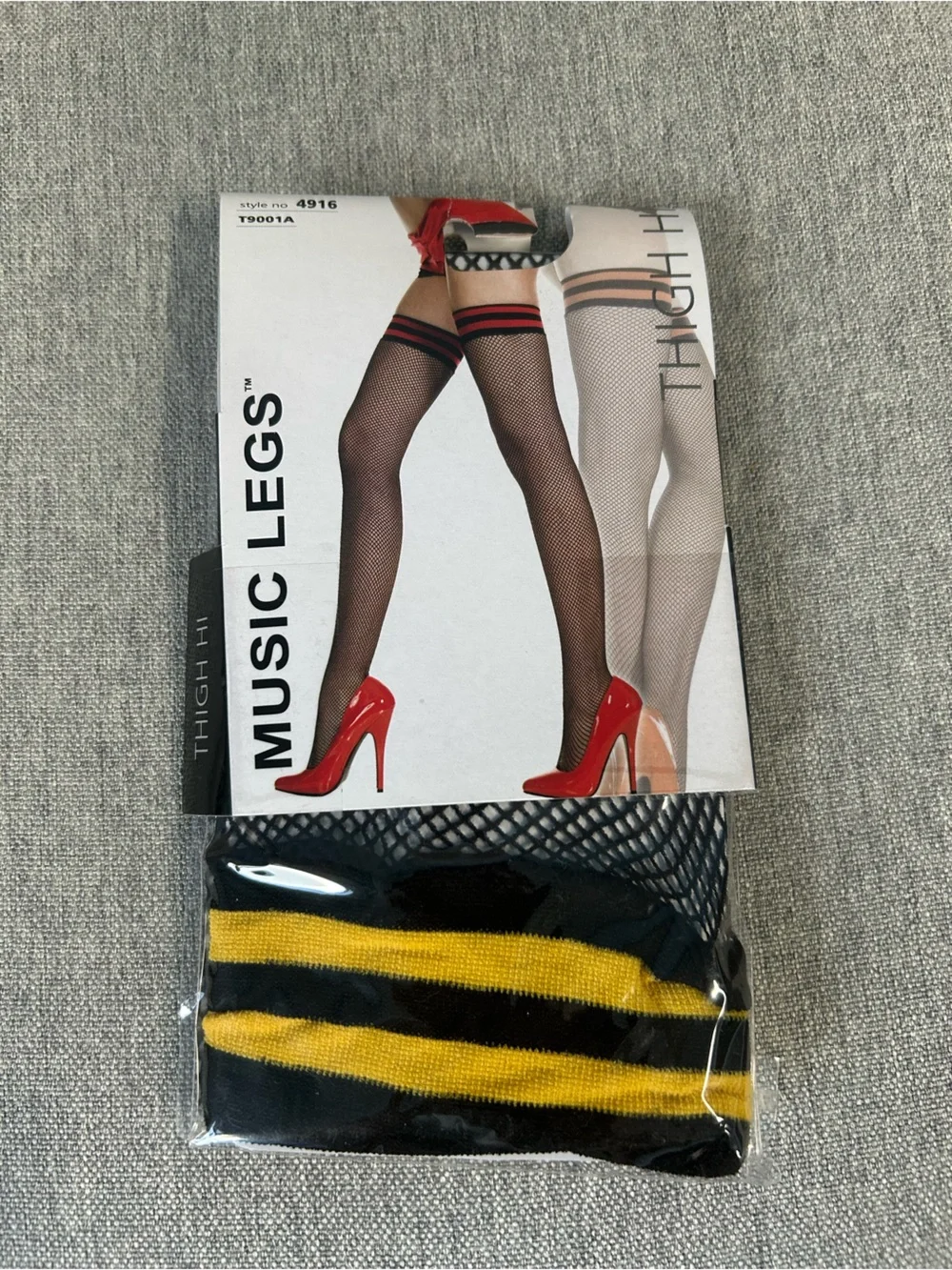 Music Legs Black Fishnet Thigh Highs with Yellow Stripe Cuff